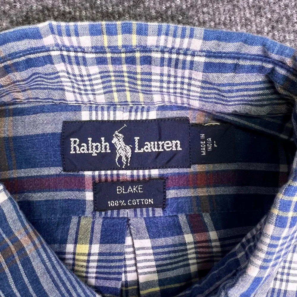 Ralph Lauren Shirt Mens L‎ Blue Plaid Blake Cotton Short Sleeve Classic Casual
